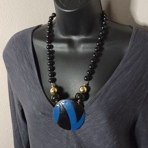 Black Plastic Bead Necklace With Large Metal Blue Pendant 25 Inches Long